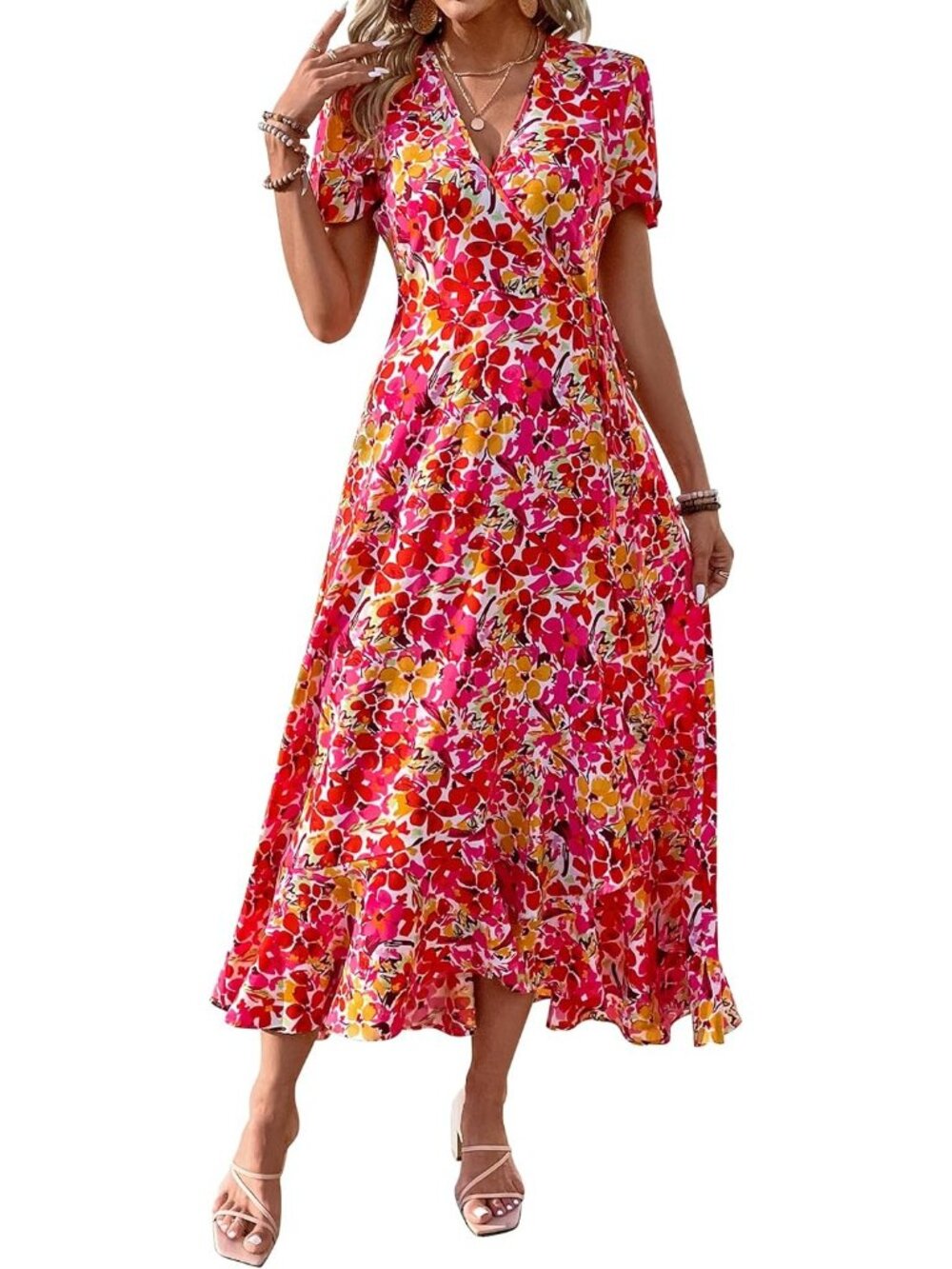 Women's Pink Yellow Floral V Neck Casual Short Sleeve Pull On Zipper Maxi Dress